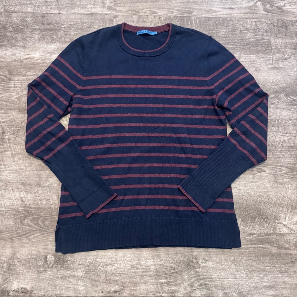 J McLaughlin Navy Blue/Bugundy Striped Crew Neck Poet Sweater Womens Sz. S